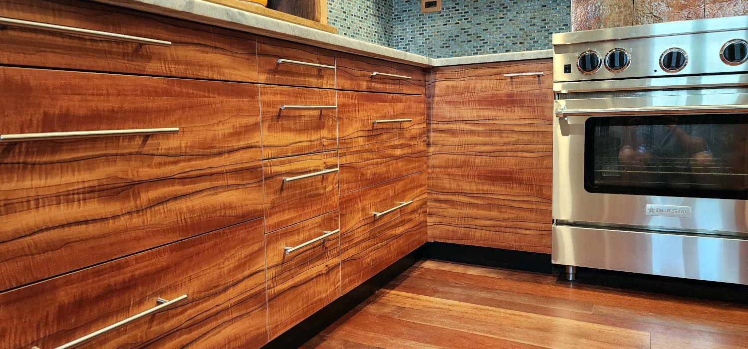 Low angle view of figured wood drawer fronts